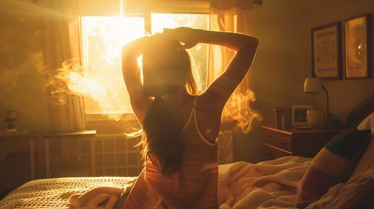 Person stretching gently by a sunny window during a calm morning routine